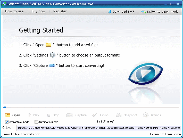 Convert SWF to Video AVI/WMV/FLV/MOV/MPEG/MP4/iPod/PSP/3GP/GIF formats.